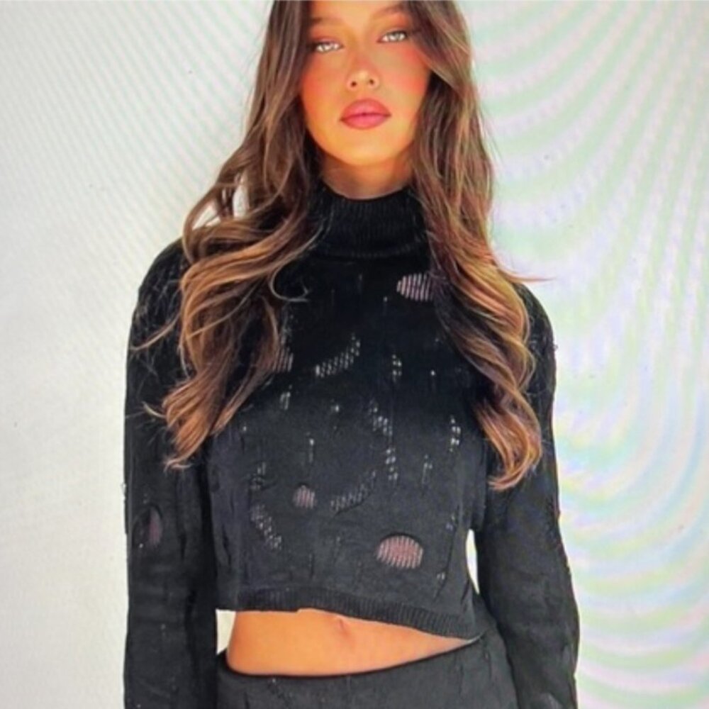 EUC Tiger Mist Black Destroyed Turtleneck Sweater, Sz - XS